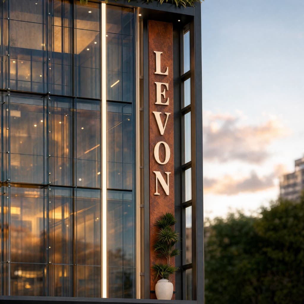 Levon copper lettering on the façade